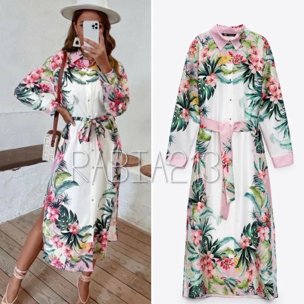 Zara White Floral Shirt Dress with Pink Accents